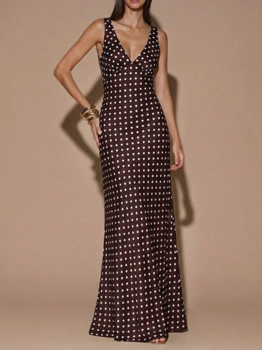 Espresso Brown / White Polka Dot Satin Maxi Dress with V Neck